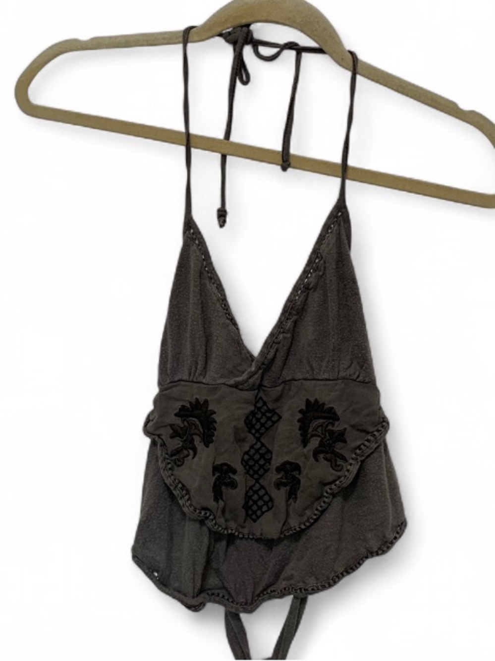Ecote Urban Outfitters Gray Boho Floral Embroidered Halter Cropped Tank Top